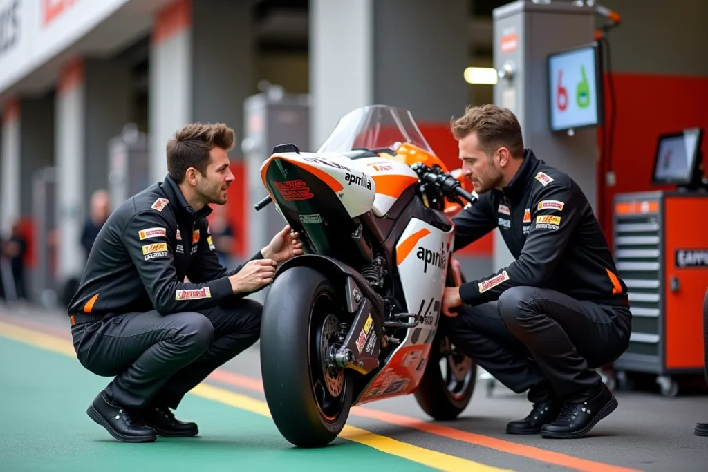 Mécaniciens Aprilia MotoGP inspectant la moto en pit lane, garage d'équipe usine avec équipements techniques en arrière-plan