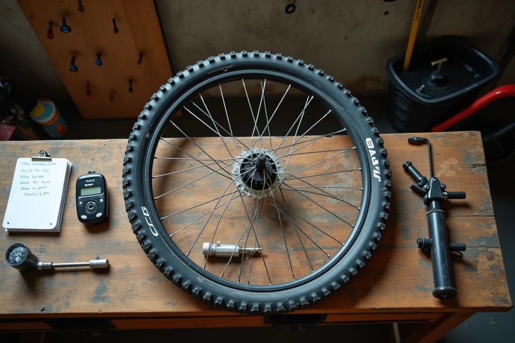 Roue de VTT et manomètre sur établi d'atelier avec notes de pression de pneus