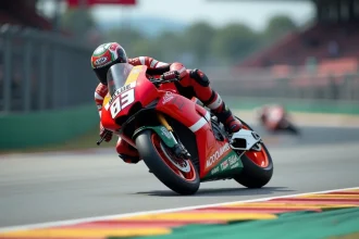 Moto Ducati MotoGP en plein virage sur circuit, carénage rouge aérodynamique avec winglets, vue grand angle au niveau de la piste