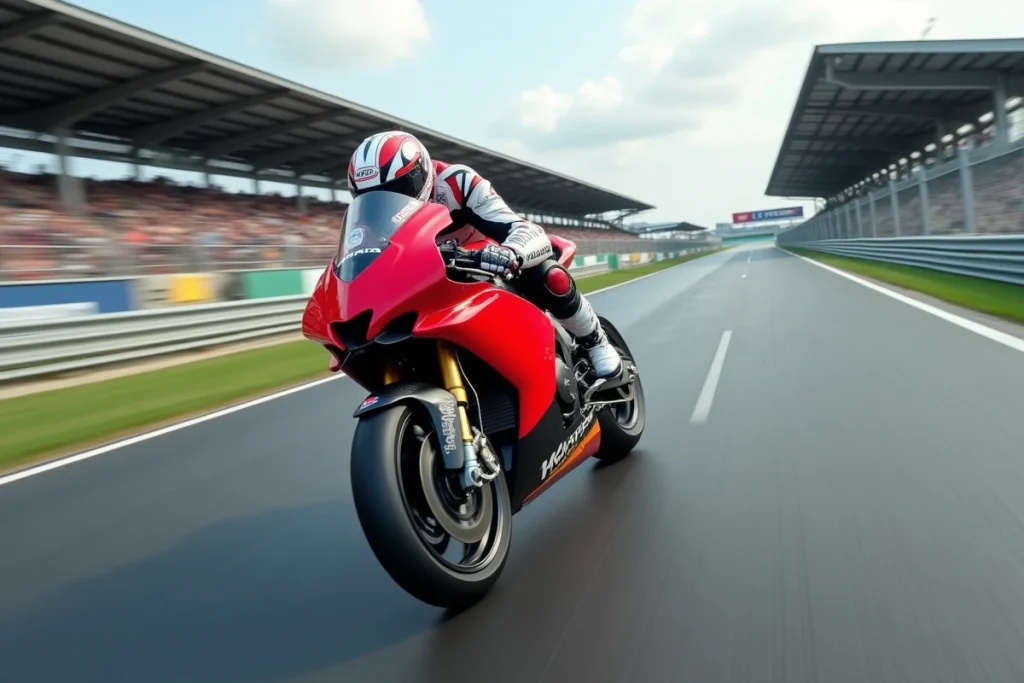 Pilote Honda MotoGP en position aérodynamique sur la ligne droite d'un Grand Prix, effet de flou de vitesse par technique de filé