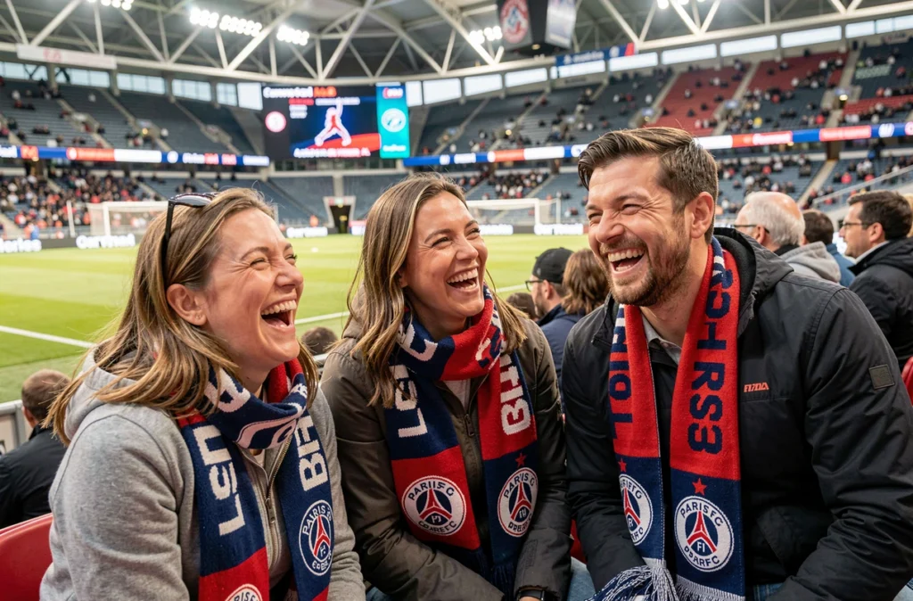 Groupe d'amis supporters du Paris FC installés dans les tribunes avant le coup d'envoi d'un match à domicile