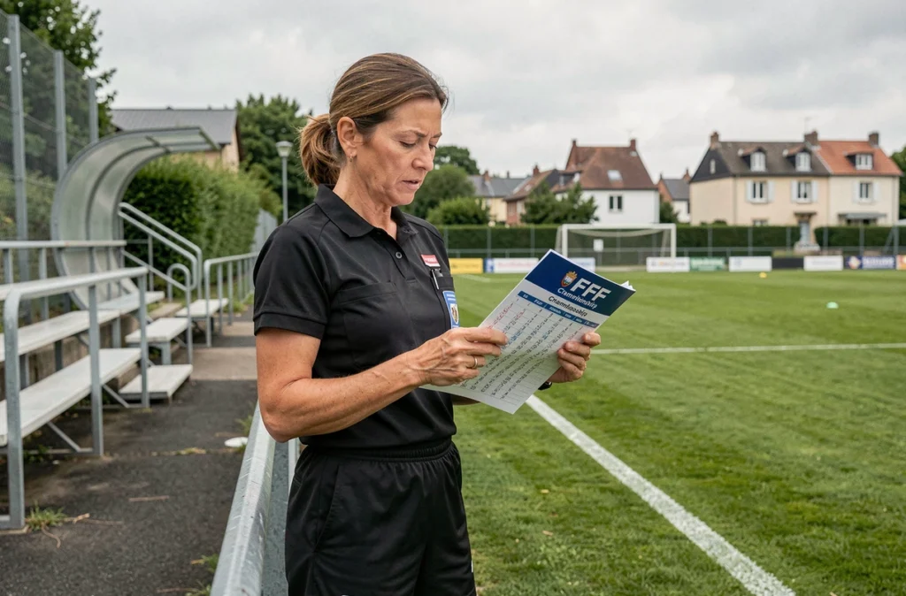 Arbitre féminine consultant le calendrier officiel des championnats Essonne FFF 2026 en bord de terrain