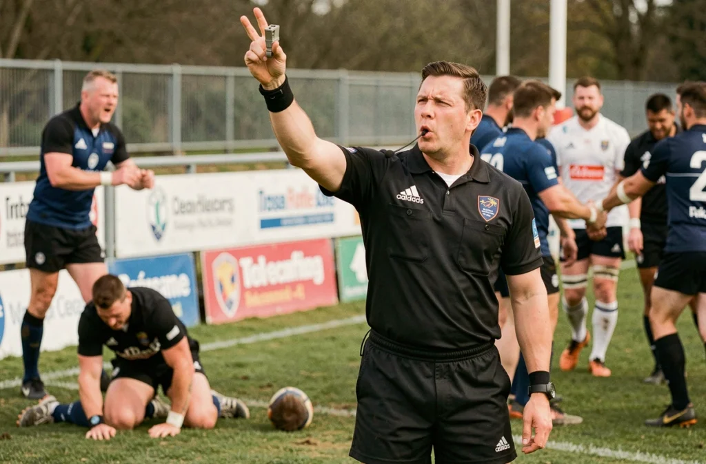 Arbitre sifflant la fin du match de Fédérale 1 Poule 3 avec les joueurs se serrant la main en arrière-plan