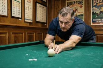 Joueur de billard français calculant l'angle de tir sur une table verte en club, vue plongeante au niveau du tapis