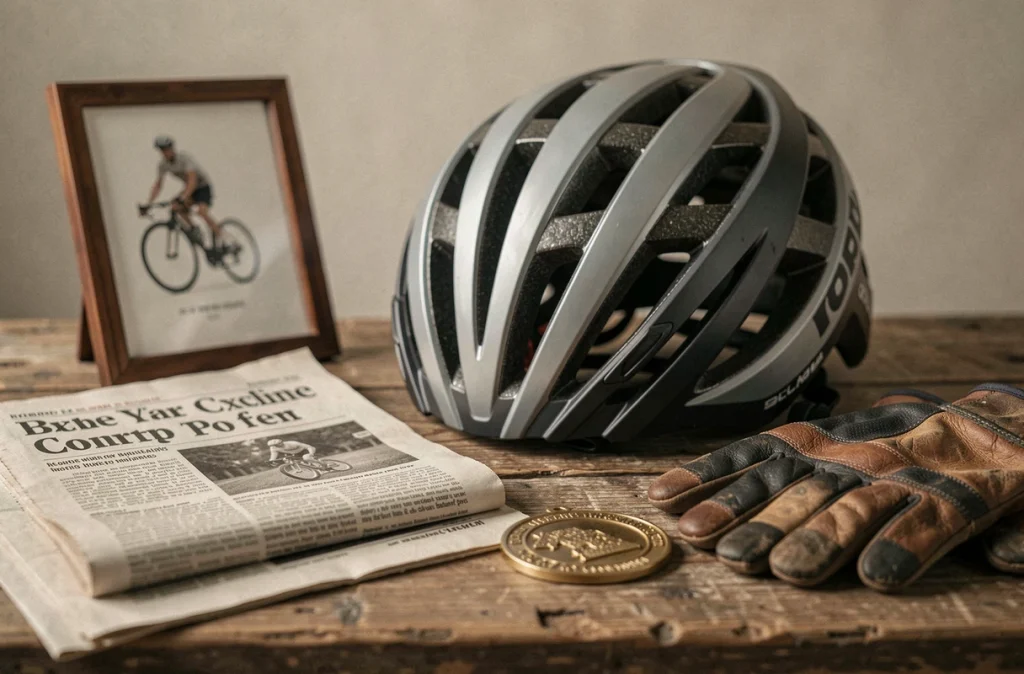 Nature morte journalistique avec casque de cyclisme, médaille et journal évoquant la controverse autour de Lance Armstrong et l'UCI en 2026