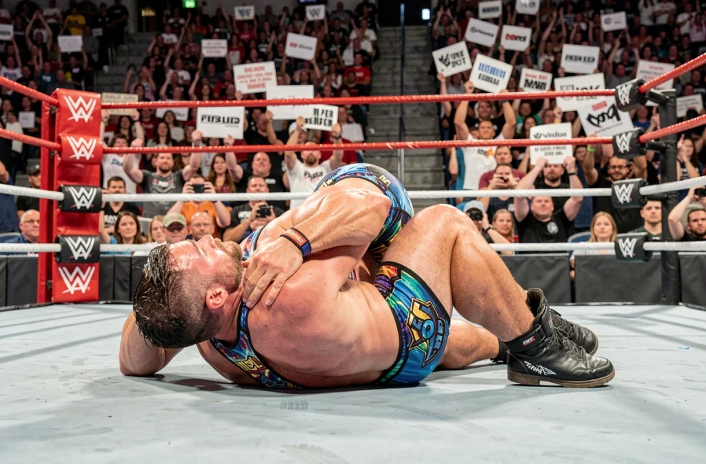 Deux catcheurs se battant au sol dans le ring lors du WWE Saturday Night Main Event
