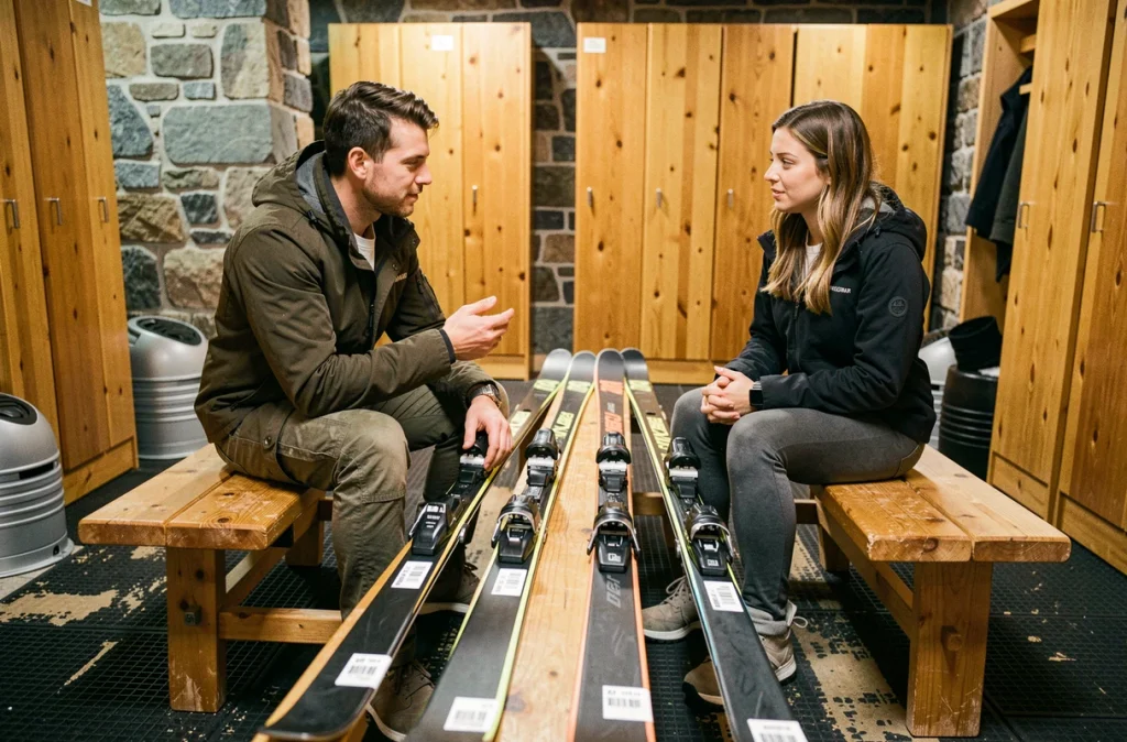 Deux amis comparant un équipement de ski en location et un équipement personnel dans un vestiaire de chalet de montagne