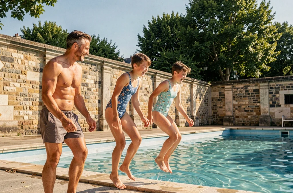 Famille profitant d'un créneau famille au bassin extérieur de la Piscine de la Butte aux Cailles, ambiance estivale parisienne