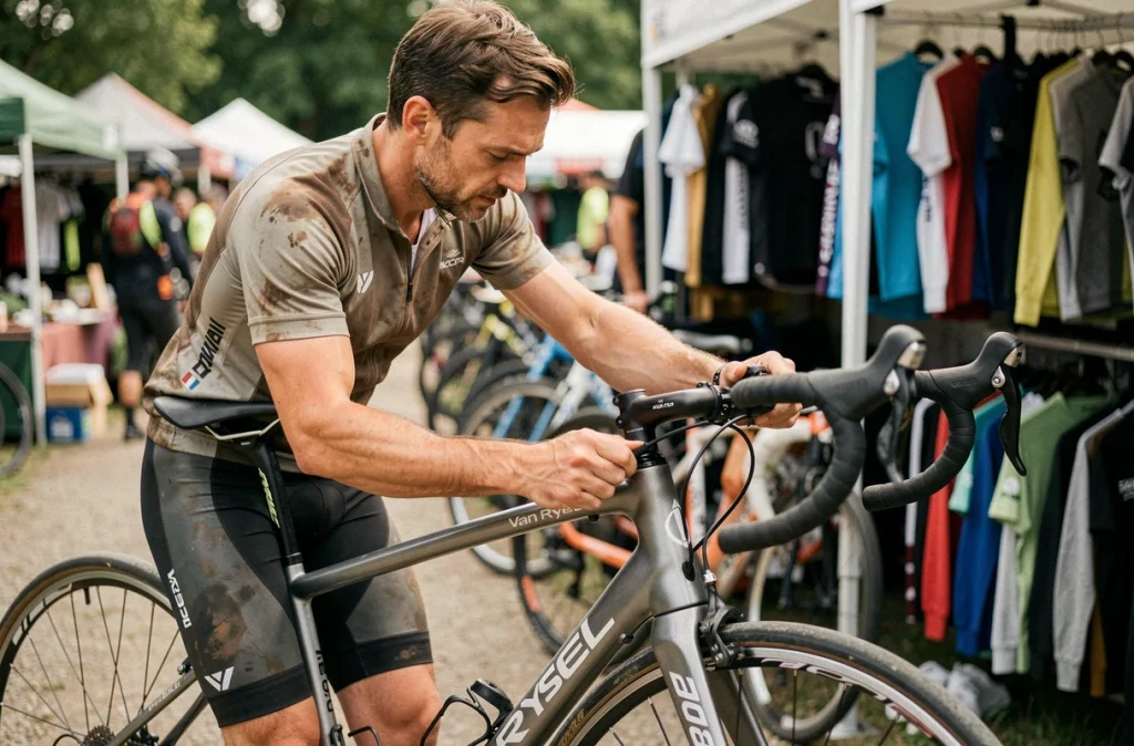 Cycliste masculin inspectant un vélo Van Rysel RCR Pro d'occasion sur un marché de vélos en plein air lors d'un week-end