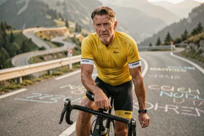 Cycliste professionnel en maillot jaune sur une route de montagne alpine, évoquant le débat autour du retour de Lance Armstrong dans le cyclisme en 2026