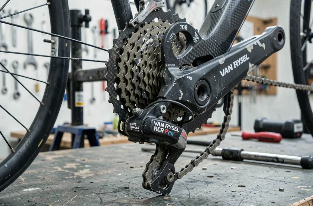 Gros plan sur le groupe et la transmission d'un Van Rysel RCR Pro d'occasion, révélant les signes d'usure typiques d'un vélo de compétition utilisé