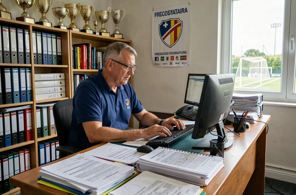 Dirigeant de club de football en Essonne planifiant les dates du calendrier des championnats FFF 2026 dans un bureau associatif