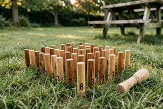 Disposition officielle des quilles de Mölkky en triangle sur une pelouse verte avec le bâton lanceur posé à proximité