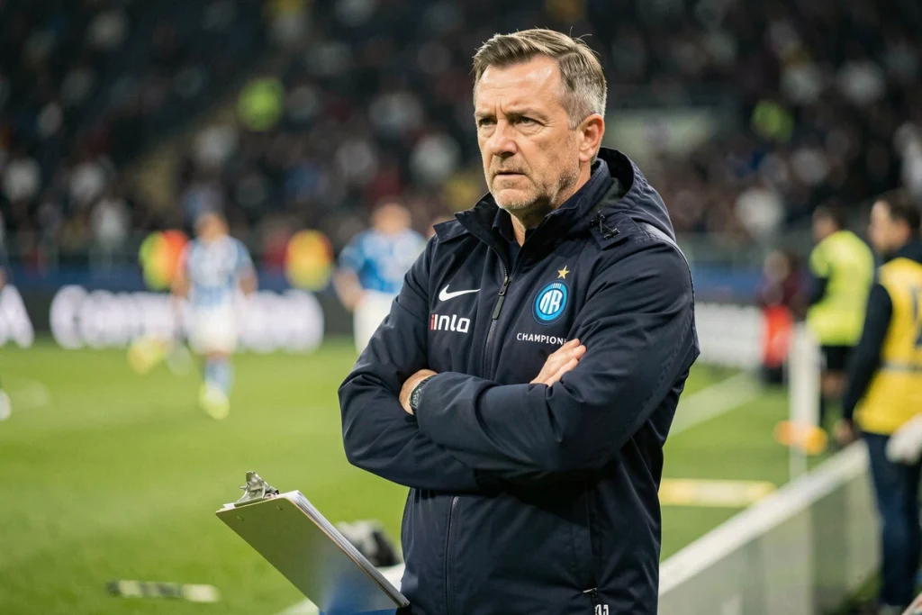 Entraîneur de l'Inter Milan concentré en bord de terrain lors d'un match de Ligue des Champions