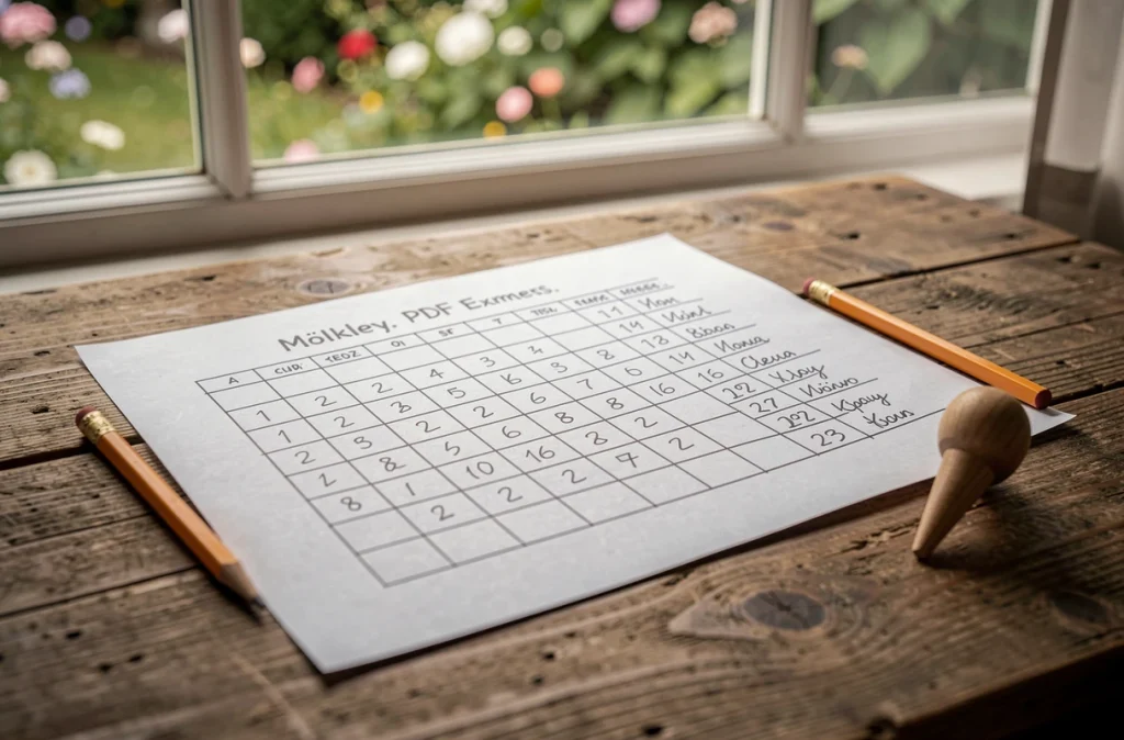 Fiche mémo de disposition Mölkky imprimée en PDF sur une table en bois avec un crayon et une quille numérotée