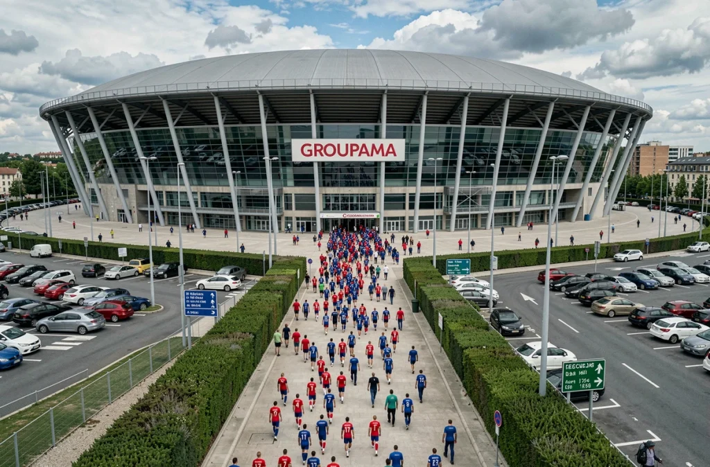 Vue du Groupama Stadium de Lyon le jour d'un match avec des milliers de supporters affluant vers les entrées