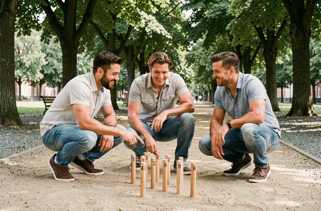 Groupe d'adultes apprenant la disposition de départ du Mölkky dans un parc avec les quilles numérotées au sol
