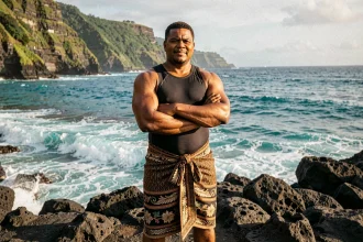 Lutteur professionnel samoan posant fièrement sur le littoral volcanique des îles Samoa avec l'océan Pacifique en arrière-plan