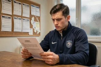Joueur de football amateur en club de National 2 lisant un contrat fédéral dans un bureau administratif