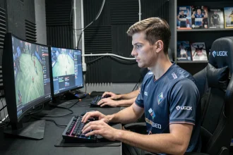 Joueur professionnel d'esport concentré à son poste de jeu dans une structure BMS esport, illustrant les conditions de travail des joueurs pros