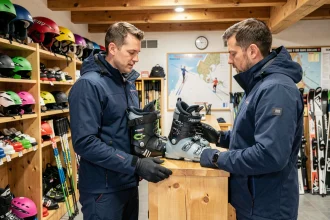 Homme en veste de ski examinant des chaussures de ski en location dans un magasin de sports d'hiver alpin