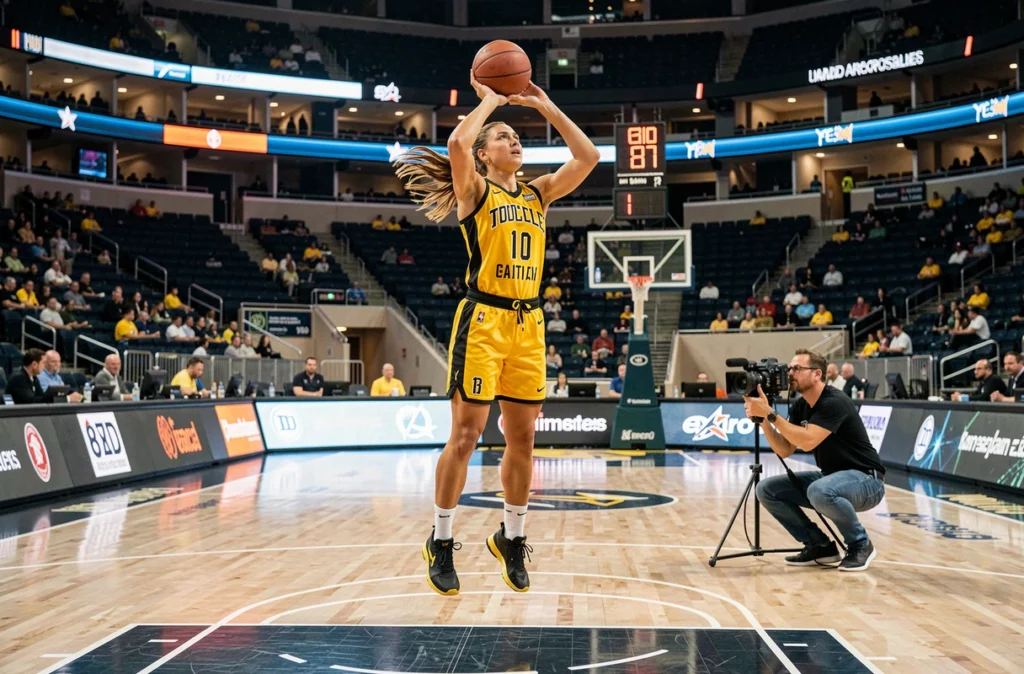 Joueuse professionnelle de basket effectuant un tir à trois points dans une grande salle professionnelle