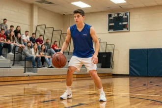 Jeune joueur de basket scolaire en action sur un parquet de gymnase lors d'un match officiel