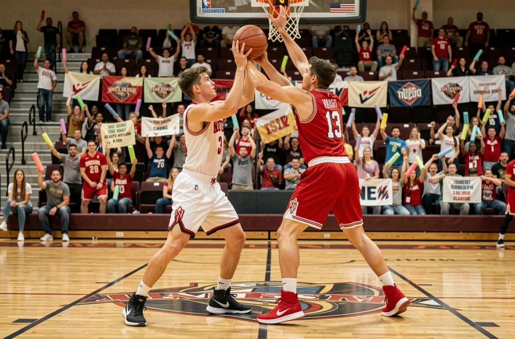 Deux joueurs universitaires se disputant un rebond lors d'un match de basket en salle