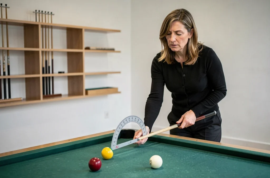 Femme mesurant l'angle de tir au billard avec un rapporteur, méthode de calcul géométrique en salle de billard moderne
