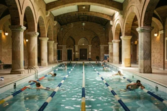Nageurs en pleine session de nage sportive dans les couloirs de la Piscine de la Butte aux Cailles à Paris, architecture art déco en briques visibles