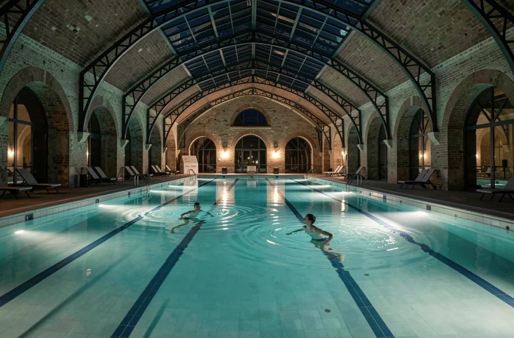 Ouverture nocturne de la Piscine de la Butte aux Cailles, nageurs adultes dans le bassin intérieur illuminé sous la voûte en briques historique