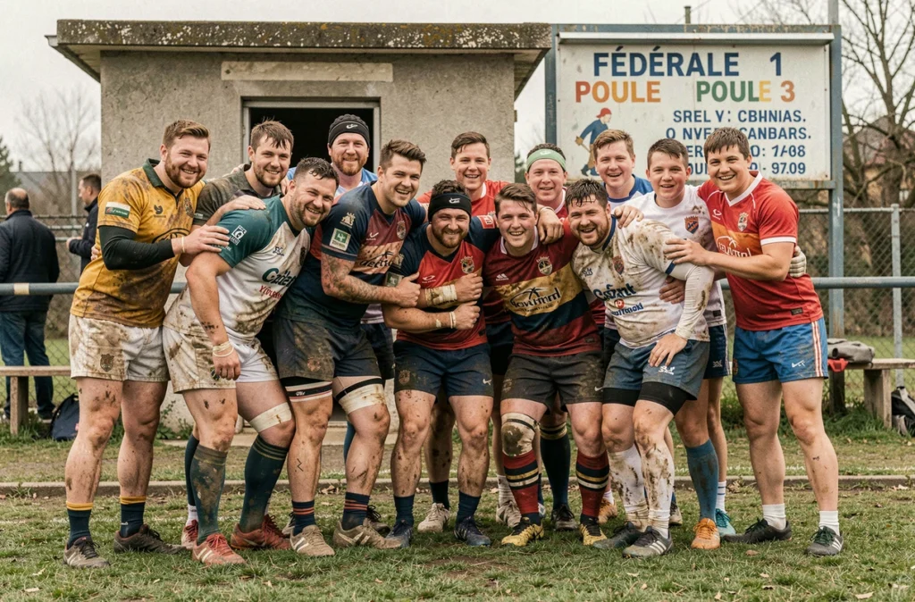 Photo d'équipe des joueurs de rugby après un match de Fédérale 1 Poule 3 avec tableau de score en arrière-plan