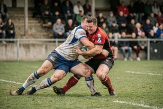 Action de plaquage lors d'un match de Fédérale 1 Poule 3 entre deux équipes amateurs sur terrain herbeux
