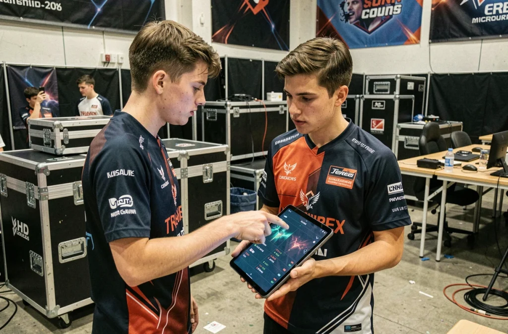 Deux joueurs d'esport professionnels discutant des performances en coulisses d'un tournoi, montrant la réalité du métier de joueur pro