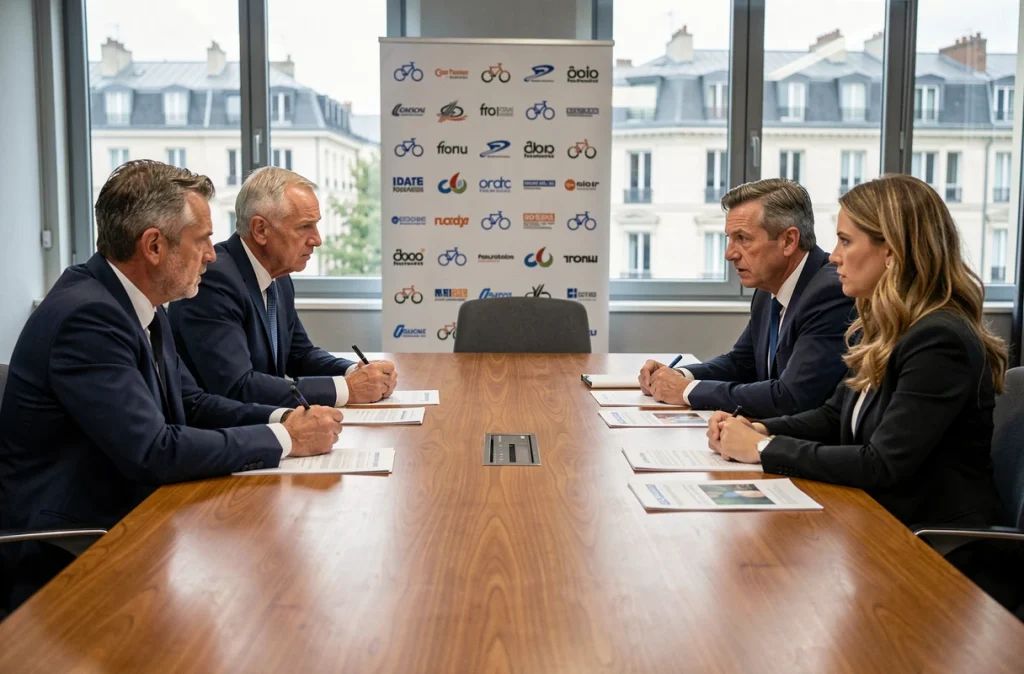 Réunion officielle de dirigeants de l'Union Cycliste Internationale autour d'une table de conférence pour débattre du cas Lance Armstrong en 2026