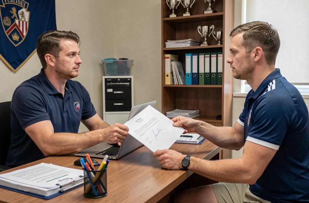 Signature d'un contrat entre un dirigeant de club et un joueur de football en National 2