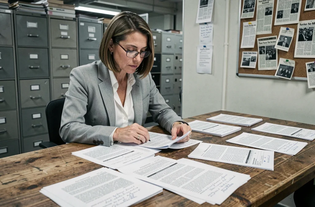 Journaliste féministe examinant des documents d'enquête dans une salle de rédaction
