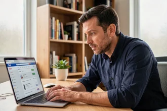 Homme analysant des résultats de recherche Google sur un ordinateur portable dans un bureau moderne
