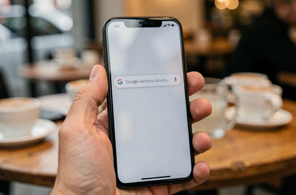 Gros plan sur un smartphone affichant une recherche Google dans un café parisien
