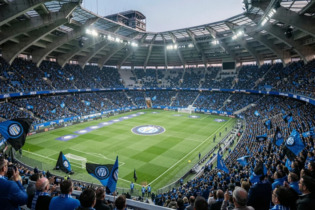 Vue panoramique du stade San Siro rempli de supporters de l'Inter Milan lors d'un match de Ligue des Champions