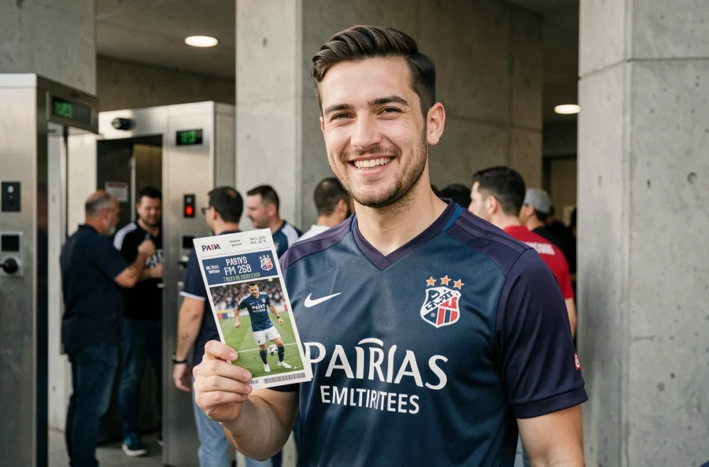 Supporter du Paris FC tenant son billet de match devant l'entrée du stade lors d'une billetterie à domicile