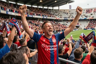 Supporter de l'Olympique Lyonnais en jersey rouge et bleu célébrant dans un stade plein à craquer lors d'un match de Ligue 1