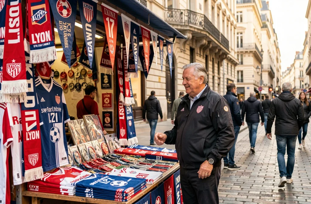 Vendeur de merchandising de l'OL devant un étal coloré en plein centre-ville de Lyon avec écharpes et maillots
