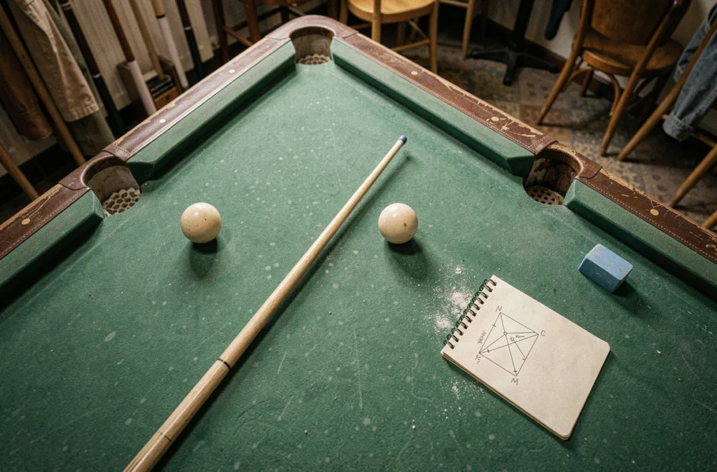 Vue aérienne d'une table de billard avec deux billes et un schéma d'angle tracé sur un carnet, méthode de calcul visuelle