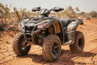 Yamaha Raptor 700 garé sur un sentier de terre rouge dans le désert, vue 3/4 avant en contre-plongée mettant en valeur le carénage agressif et les pneus larges