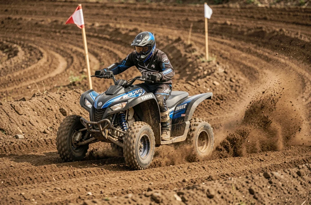 Yamaha Raptor 700R SE en pleine action sur un circuit de motocross, vue latérale grand angle avec projection de terre et pilote en tenue assortie dans un virage serré