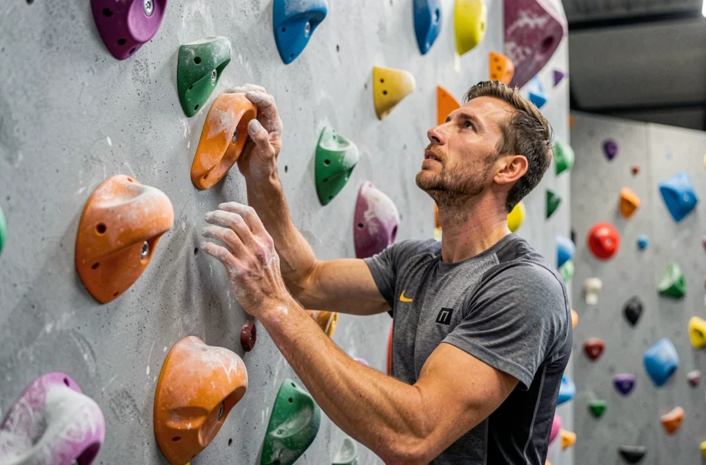 Coach BoulderGain Lorient en salle d'escalade guidant un grimpeur sur un mur de blocs