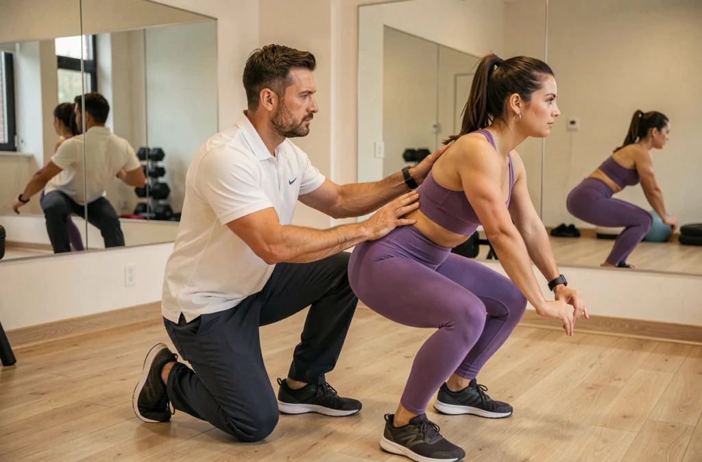 Coach sportif corrigeant la posture d'une cliente lors d'un squat pour prévenir les douleurs de dos dans un studio de fitness