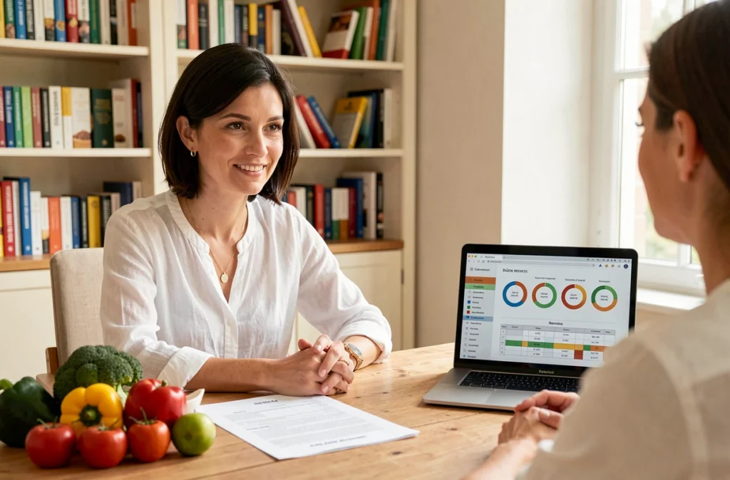 Coach nutrition expliquant un plan alimentaire personnalisé à une cliente lors d'un rendez-vous à Rennes