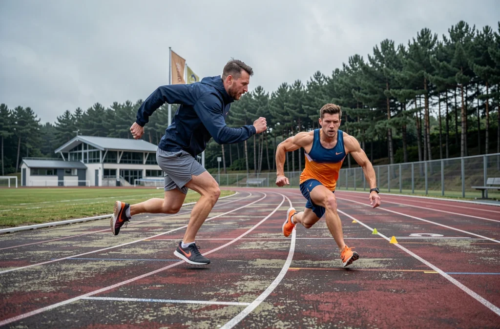 Coach préparateur physique encadrant des exercices de sprint sur une piste athlétique à Cesson-Sévigné